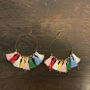 Multi colored hoop tassel earrings